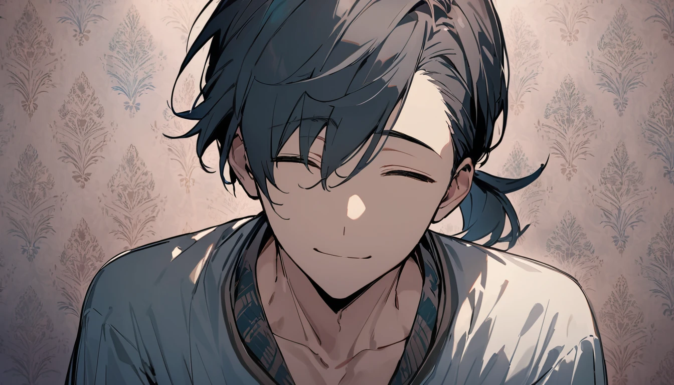 ((((best masterpiece, best quality, wallpaper,)))) solo, guy, male body, small muscles, flat chest, 1male, 30 years old, handsome man, upper body, looking at viewers, beautiful detailed, seductive smile, mediumturquoise hair, ((((Lower short ponytail)))), asymmetrical bangs, ((short hair,)) (((light smile, closed eyes, tareme, droopy eyes,))) (((perfect face,))) perfect hands, sharp nose, clear face, black turtleneck, grey cardigan, ((silver piercing, pendant,))  face-to-face:1.4, woman, very long hair, light brown hair, leggings, pink background color ultrasharp, 8K, masterpiece,