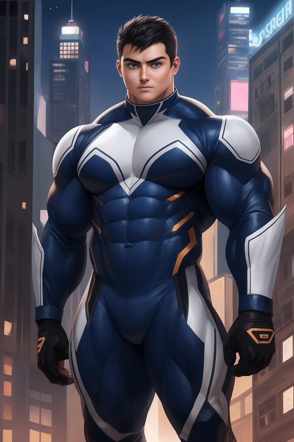 ((character design sheet, Same character, Front, side, Back)) Competitive bodybuilder pro, nj5pielry, (human boy, Massive, manly, huge, muscular, Gigachad), boy, very attractive boy, mexican ethnicity. , . ((Extremely realistic shadows, Masterpiece, extremely detailed, photorealistic)), human, hornless, mischievous expression, Without beard, white teeth, ((Detailed face)) nose, brown eyes, ((detailed eyes, delicate eyes, realistic eyes)), tanned skin. Conan Exiles Style, standing front, young superhero (young face) ready to fight, top rated pixiv, wears a Bodysuit, chiseled abs, chiseled pecs, 470 kgs, front view, even shoulders, perfect massive muscles, inflated muscles, voluminous pectorals, massive muscular body, a huge gigantic chest with a narrow waist, huge shoulders, ridiculously well-shaped large pecs, eight chiseled abs, arms thick as trunks and formidable thighs. (very toned and huge) hhis ridiculously broad shoulders, his absurdly wide back and his indecently muscular backs of arms, thick and defined thighs, huge and very voluminous and bulging pectorals; A muscular bodybuilder in the . A potential competitive bodybuilder. Even the back of his head was hot, with his jet black military haircut and voluminous neck, narrow waist, superhero, Jet Black hair, military haircut, white sclera, blue eyes, no horns, d&d character, brave superhero, human, handsome face, young. City background, skyscraper, futuristic city, night, stars, night lights, skill image, looking to the viewer, hero whose presence inspires trust and respect. (((His hero suit is black.))) (BACK) wide and voluminous back, firm butt, round and firm buttocks, with big booty.
