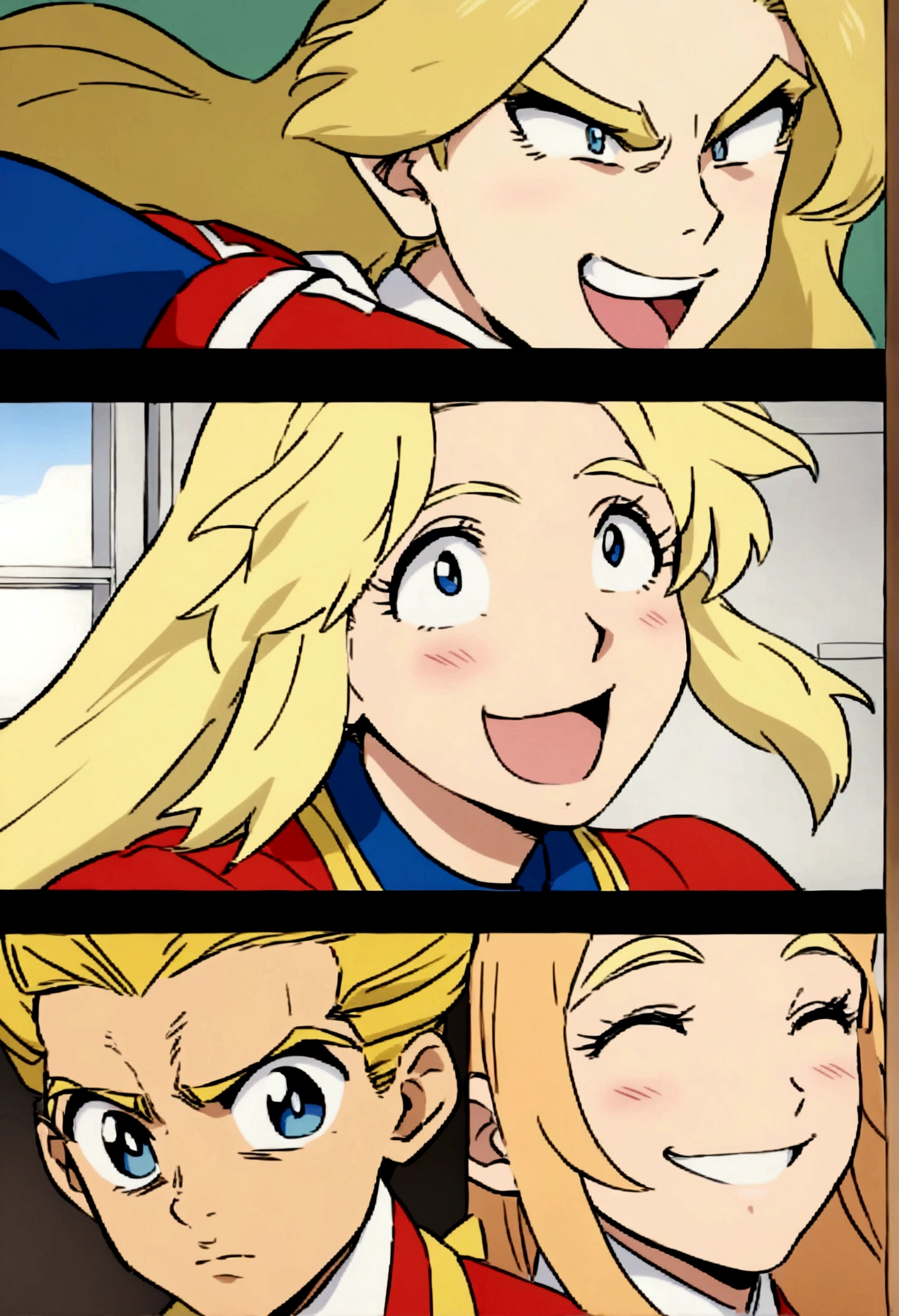 cheered up, a woman in a U high . A with long blonde hair and blue eyesClassroom, daughter of all might, high quality cheered up artstyle, portrait, My hero academy, , cheered up Estancia de dia