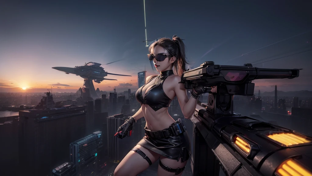 (((aerial view))) of futuristic cyberpunk city at night, hologram neon buildings, vivid colors, (((futuristic flying cars))) and futuristic cars, 3d rendering Beeple. large-breast:1.2 photorealistic sexy woman, solo, cleavage, off neck tube top, miniskirt, (((((black sunglasses, pistol shooting pose))))), standing, leaning forward, (((((half-body thigh level medium shot))))).