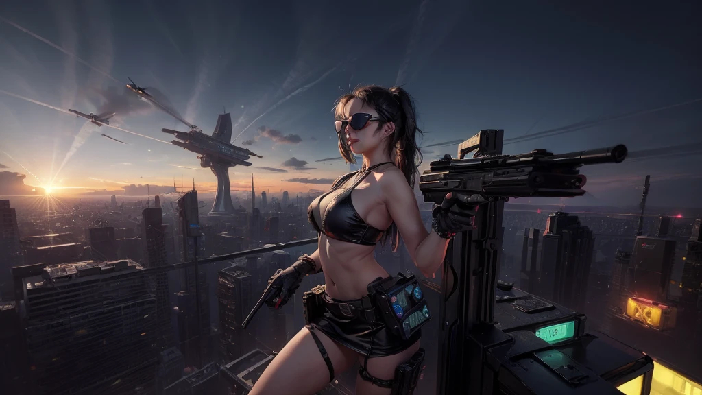 (((aerial view))) of futuristic cyberpunk city at night, hologram neon buildings, vivid colors, (((futuristic flying cars))) and futuristic cars, 3d rendering Beeple. large-breast:1.2 photorealistic sexy woman, solo, cleavage, off neck tube top, miniskirt, (((((black sunglasses, pistol shooting pose))))), standing, leaning forward, (((((half-body thigh level medium shot))))).