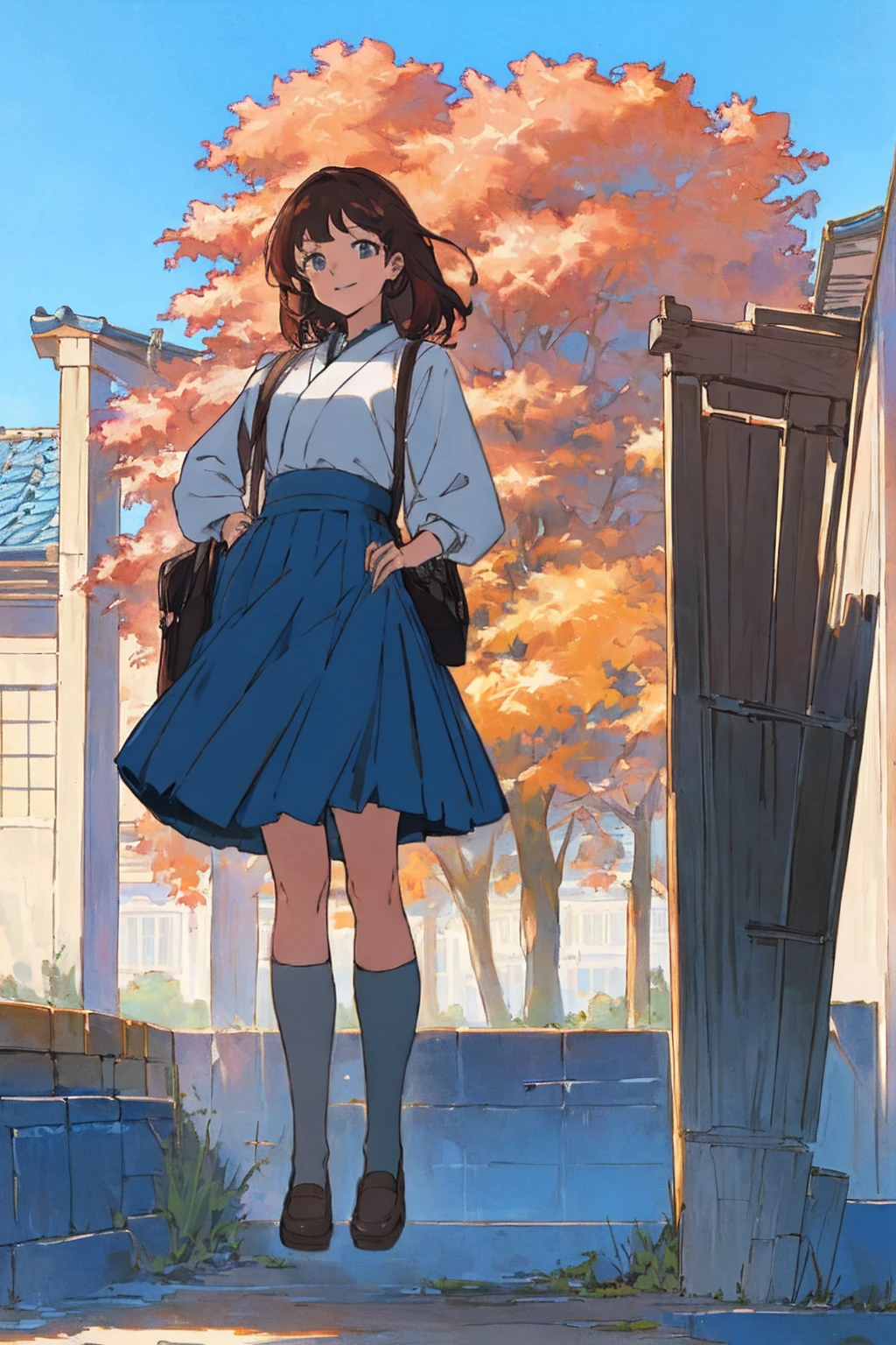 (masterpiece:1.2), (best quality:1.3), (highly detailed:1.4), 
(character pose: {standing with hands on hips, smiling confidently:1.2}), 
(background: {school courtyard with trees and blue sky:1.3}), 
(clothing: {traditional Japanese , white blouse, blue skirt:1.2}), 
(full body shot:1.5), 
(accessories: {school bag:1.1}), 
(hair color: {dark brown:1.2}), 
(eye color: {hazel:1.2}), 
(lighting: {bright and natural:1.3}), 
(atmosphere: {cheerful and energetic:1.3})
