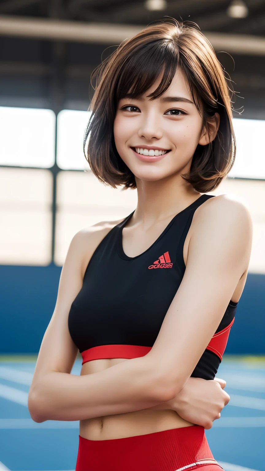 one girl, (a beauty girl, delicate girl:1.3), (, Gal:1.3), (Red sportswear:1.2), Very fine grain definition, (Symmetrical black eyes:1.3), Looking into the camera, Big smile, Showing teeth, (Track Field View:1.2), Very small breasts, Brown short hair, girl, (Eye and facial details:1.5), (masterpiece, highest quality, Super detailed, Detailed face, 8k), Cowboy Shot From Below, Hunchback posture,whole body