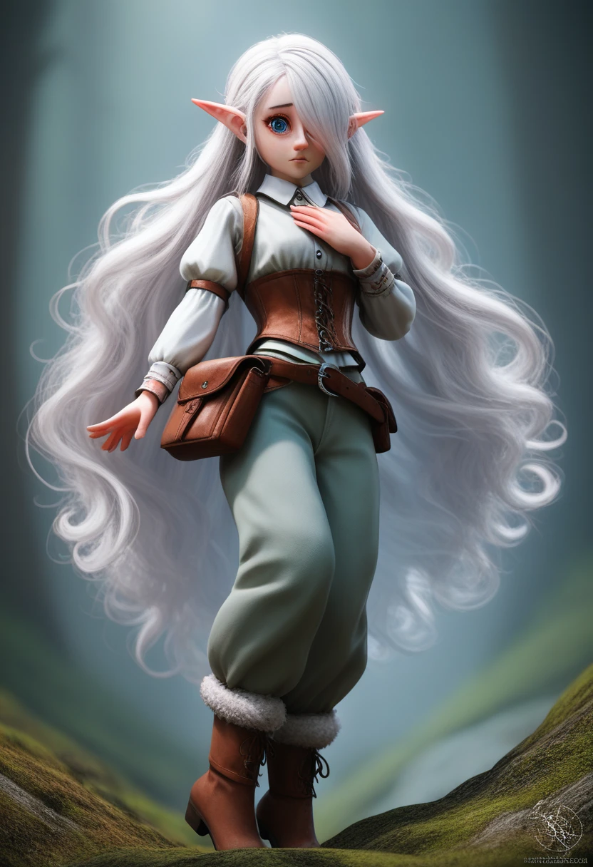 a small girl with pale skin, very long wavy silver hair covering one eye, bright blue anime-style eyes with long lashes, wearing a corset, white puffy long sleeved shirt, and puffy cloth pants, leather bound boots, set in a windy fantasy landscape, (best quality, 4k, 8k, highres, masterpiece :1.2),ultra-detailed,dungeons and dragons, long elf ears, detailed skin and cloth textures, cute detailed face, intricate details, extremely detailed, 1girl, dynamic pose with hair covering one eye, shy personality, puffy cloth pants with leather belt, detailed privateer outfit, detailed buccaneer outfit, pouch on belt, wearing ornate leather armor with fur trim, silver inlay detail, wearing fur trimmed boots, wearing fur trimmed gloves, short, short height, halfing girl, small girl, very long detailed flowing hair, big head, big round eyes, windy, wind blown hair,bwirey muscles, fighter, dynamic angle, kineticist, pathfinder, pathfinder kineticist, wind kineticist, pouty lips