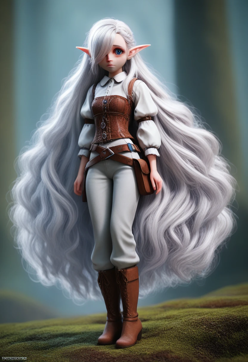 a small girl with pale skin, very long wavy silver hair covering one eye, bright blue anime-style eyes with long lashes, wearing a corset, white puffy long sleeved shirt, and puffy cloth pants, leather bound boots, set in a windy fantasy landscape, (best quality, 4k, 8k, highres, masterpiece :1.2),ultra-detailed,dungeons and dragons, long elf ears, detailed skin and cloth textures, cute detailed face, intricate details, extremely detailed, 1girl, dynamic pose with hair covering one eye, shy personality, puffy cloth pants with leather belt, detailed privateer outfit, detailed buccaneer outfit, pouch on belt, wearing ornate leather armor with fur trim, silver inlay detail, wearing fur trimmed boots, wearing fur trimmed gloves, short, short height, halfing girl, small girl, very long detailed flowing hair, big head, big round eyes, windy, wind blown hair,bwirey muscles, fighter, dynamic angle, kineticist, pathfinder, pathfinder kineticist, wind kineticist, pouty lips