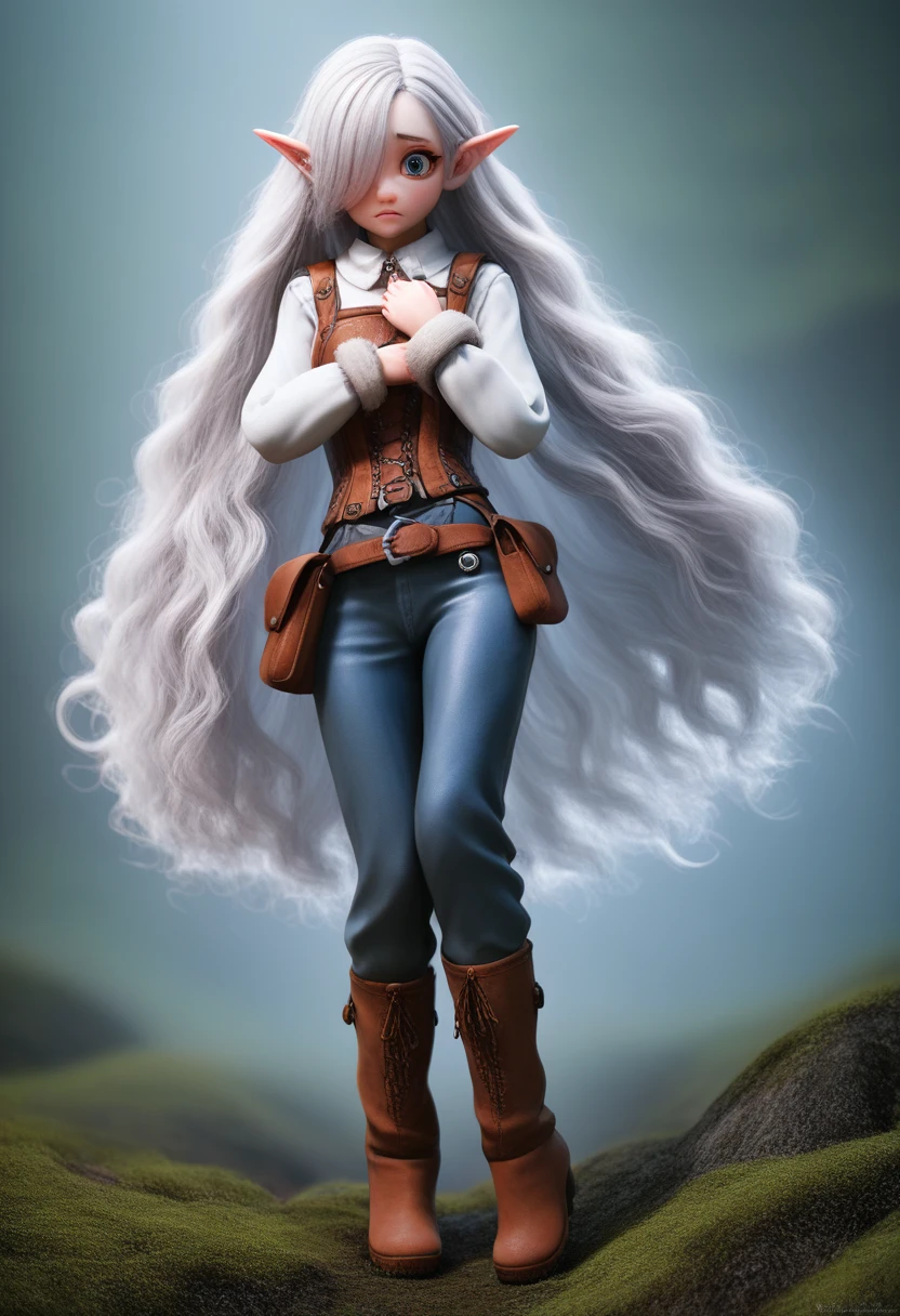 a small girl with pale skin, very long wavy silver hair covering one eye, bright blue anime-style eyes with long lashes, wearing a corset, white puffy long sleeved shirt, and puffy cloth pants, leather bound boots, set in a windy fantasy landscape, (best quality, 4k, 8k, highres, masterpiece :1.2),ultra-detailed,dungeons and dragons, long elf ears, detailed skin and cloth textures, cute detailed face, intricate details, extremely detailed, 1girl, dynamic pose with hair covering one eye, shy personality, puffy cloth pants with leather belt, detailed privateer outfit, detailed buccaneer outfit, pouch on belt, wearing ornate leather armor with fur trim, silver inlay detail, wearing fur trimmed boots, wearing fur trimmed gloves, short, short height, halfing girl, small girl, very long detailed flowing hair, big head, big round eyes, windy, wind blown hair,bwirey muscles, fighter, dynamic angle, kineticist, pathfinder, pathfinder kineticist, wind kineticist, pouty lips