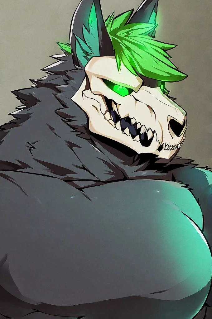 A hulking skull faced wolf creature with black fur, giant pecs, glowing green eyes