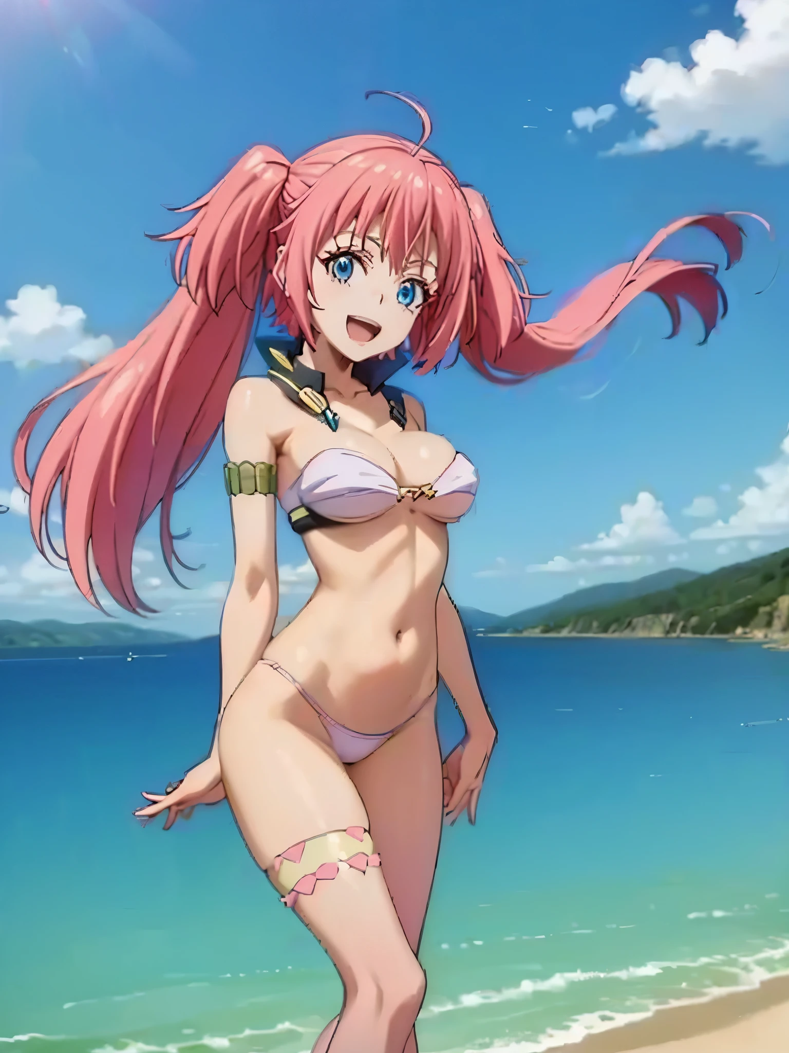 1girl, solo, beautiful girl, brunette skin, blue eyes, big eyes, detailed eyes, long eyelashes, pink hair, long hair, sidelocks, twintails, head tilt, fang, medium breasts, white bikini, string bikini, asymmetrical legwear, pink legwear, pink thighhigh, no pants, smile, looking at viewer, narrow waist, perfect hands, perfect anatomy, cleavage, midriff, navel, bare shoulders, bare arms, outdoors, flying, floating, blue sky, clouds, ultra detailed eyes, anime style, breasts together, knees together, legs up, smile, open mouth,