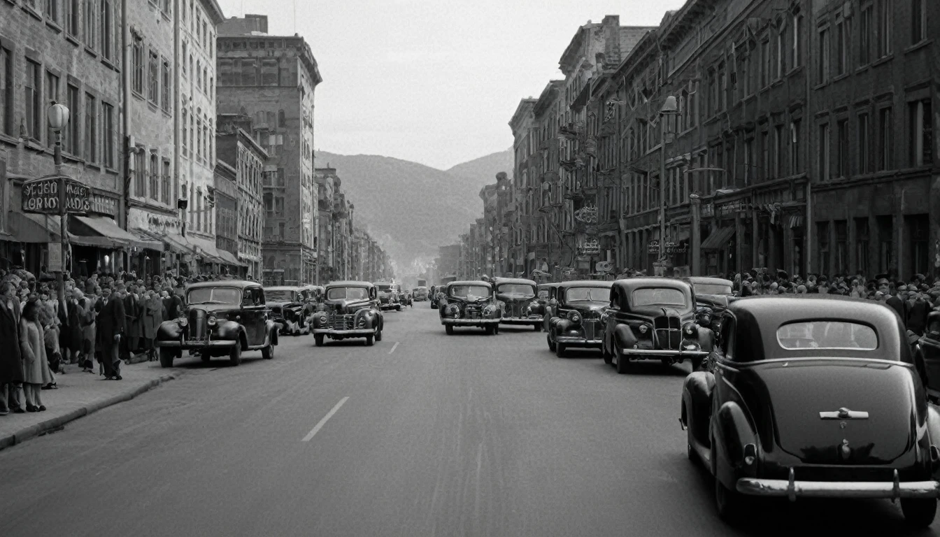 Black and white photography、cinematic film still of  In the 1940's a busy city street with old cars and people,Outdoor,multiple boy,null,Day,地上car両,building,scenery,自動car,6+boy,city,sign,car,road,car両フォーカス,lamp post,street,truck,Real-world locations  ,Realistic,realism,perfectionion,perfection,Movie,Retro,Vintage,Classic,Different haircuts,looks different,Different Styles,1940s Style , 1940 Style, Shallow depth of field, Vignette, Very detailed, High budget, Bokeh, CinemaScope, Sulky, amazing, nice, Film Grain, granular