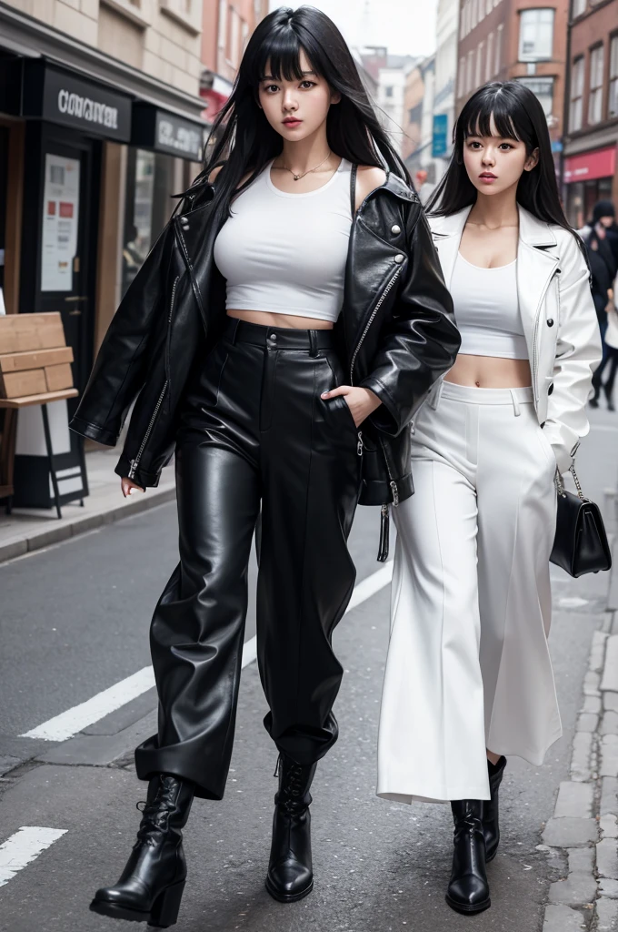 walking on the high white street big black hair and bangs with wide pants and white top with leather jacket and boots
