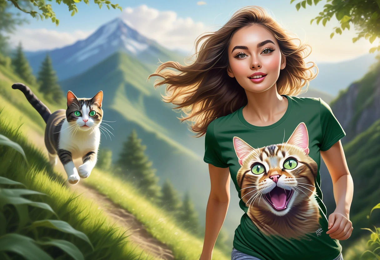 a woman wearing a cat t-shirt with a cat on it running to mountain, detailed portrait, beautiful detailed eyes, beautiful detailed lips, extremely detailed eyes and face, long eyelashes, cute expression, dynamic pose, running action, mountainous landscape, lush green foliage, sunlight streaming through trees, vibrant colors, photorealistic, high quality, masterpiece