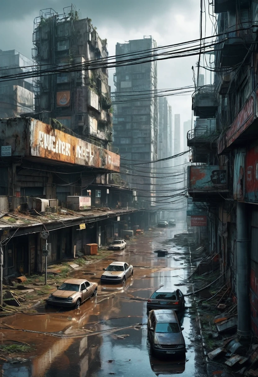 Image of the center of a modern ultra futuristic abandoned city with rusty and dirty abandoned crashed rusty cars standing among the dirty modern round and circular gray buildings in ruins, cyberpunk style, rain and puddles of water on the ground, Science fiction, top view from a height of 30 meters, apocalipse nuclear, urban scenery with poles with traffic lights and wires of fallen poles, there is a rusty chain link fence around the buildings, There are billboards that have been erased and fallen from buildings, many buildings on the horizon as realistic as possible, high qualiy, 4K, hyper detailled