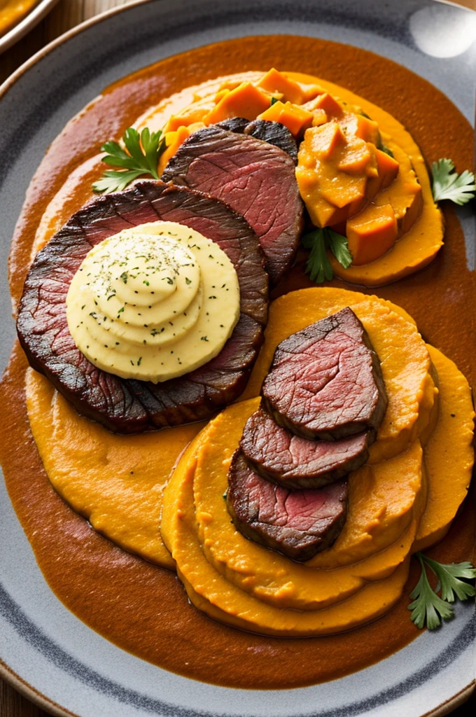 A plate with beef medallions, espinaca crocante, pumpkin puree, pineapple sauce, table, carrot, beet and paprika 