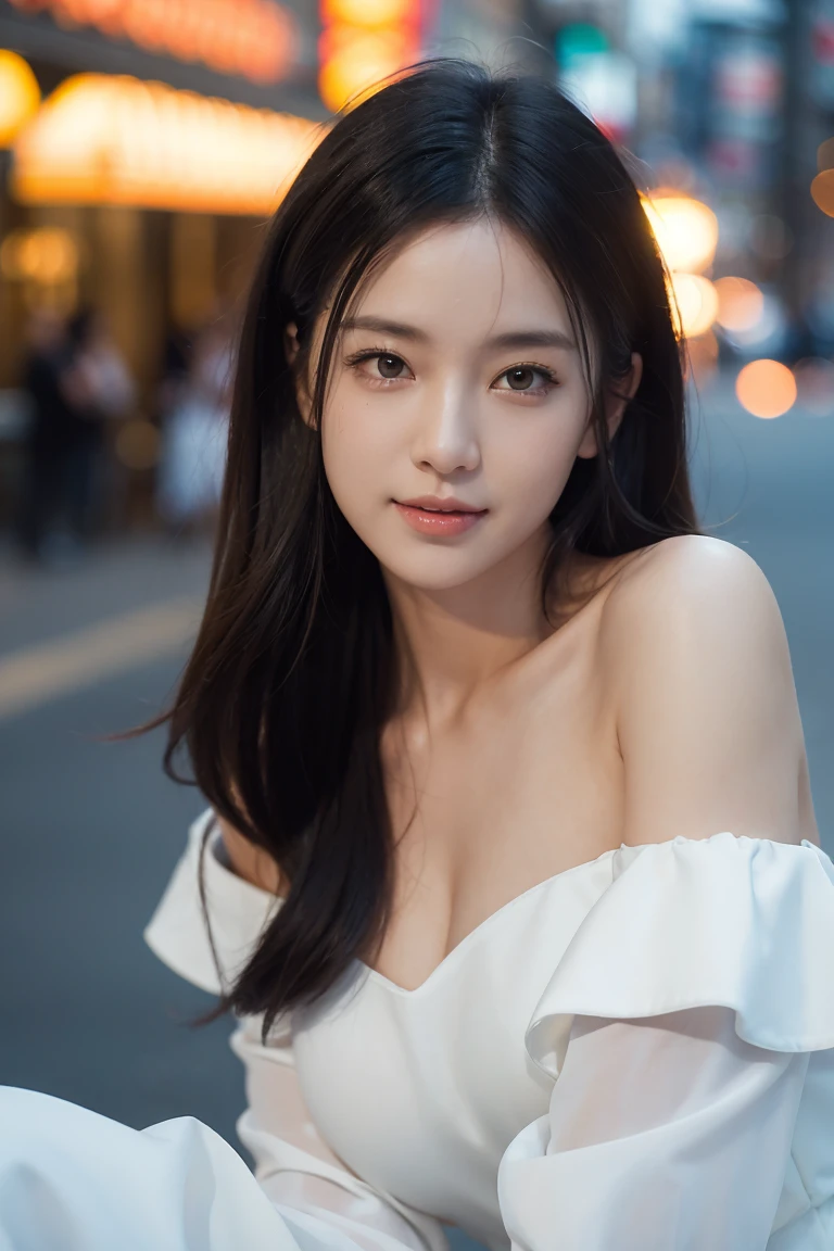 randome pose, mix4, (8K, Raw photography, top-quality, ​masterpiece: 1.45), (realisitic, Photorealsitic: 1.37), one girls, cute little, A smile、Cityscape, natta, profetional lighting, cafes,street,photon maping, Radio City, physically-based renderingt, Gradient black hair, white  hair, Semi-long loose hair, a handsome, girl with, large full breasts,Dress-off shoulder, top quality photo, hight resolution, 1080p, (clearface), (Detailed face description), (Detailed hand description), (​masterpiece), realisticlying, extreme light and shadows, dishevled hair, ​masterpiece, lush detail, (Fine facial features), (Highest Quality Photos), (​masterpiece), (finely eye), dual、Look in front of you, Fine clavicle,Emphasis on the armpits、Show lower milk