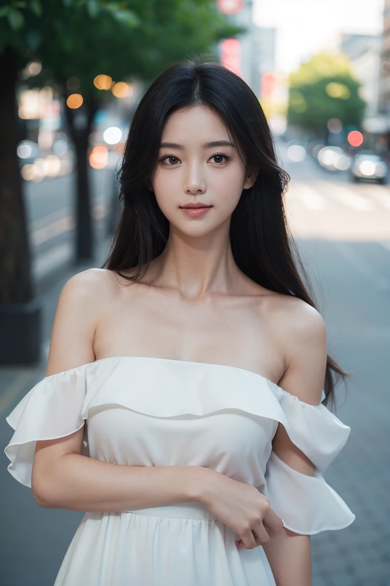 randome pose, mix4, (8K, Raw photography, top-quality, ​masterpiece: 1.45), (realisitic, Photorealsitic: 1.37), one girls, cute little, A smile、Cityscape, natta, profetional lighting, cafes,street,photon maping, Radio City, physically-based renderingt, Gradient black hair, white  hair, Semi-long loose hair, a handsome, girl with, large full breasts,Dress-off shoulder, top quality photo, hight resolution, 1080p, (clearface), (Detailed face description), (Detailed hand description), (​masterpiece), realisticlying, extreme light and shadows, dishevled hair, ​masterpiece, lush detail, (Fine facial features), (Highest Quality Photos), (​masterpiece), (finely eye), dual、Look in front of you, Fine clavicle,Emphasis on the armpits、Show lower milk