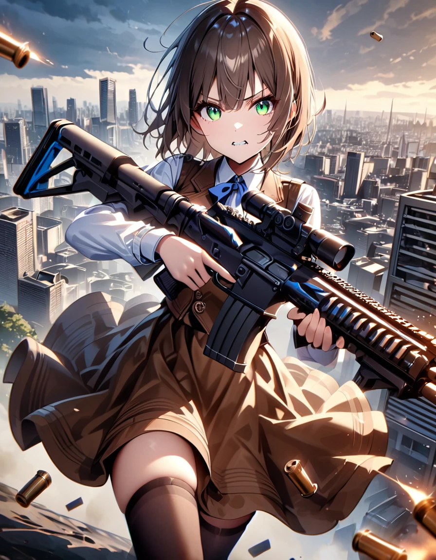 masterpiece, Highest quality, High resolution, One girl, alone, alone focus, (Short brown hair:1.2),  (Green Eyes:1.3),(Ready-to-wear skirts),(Brown vest),(White shirt),(Blue ribbon),(Black thigh-high socks:1.3),Erika Aoi, Beautiful attention to detail, Beautifully detailed face, Cute face. anger, Grit your teeth,Dynamic action poses,Tokyo city background, Outdoor. Using and Firing Assault Rifles, (Shell casings from a black rifle), Put your finger on the trigger, Perfect hands, Perfect handss. Cowboy Shot. Action atmosphere. A giant bug monster creeps up behind her.