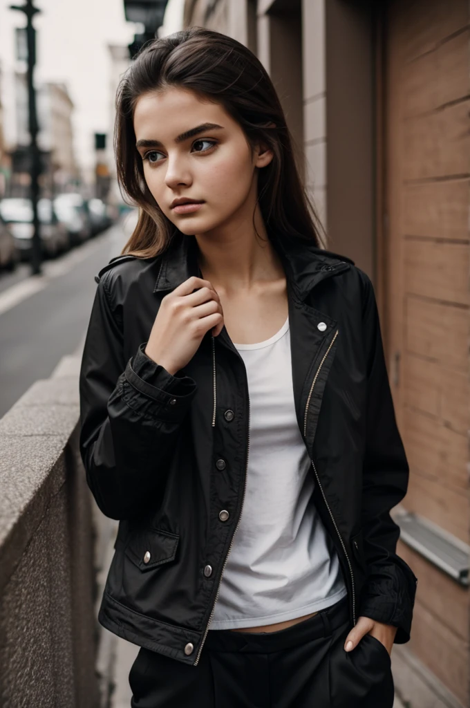 Photography of a 20 year old woman, perfect face, Masterpiece, good, underwear, black_good, jacket, black_trousers