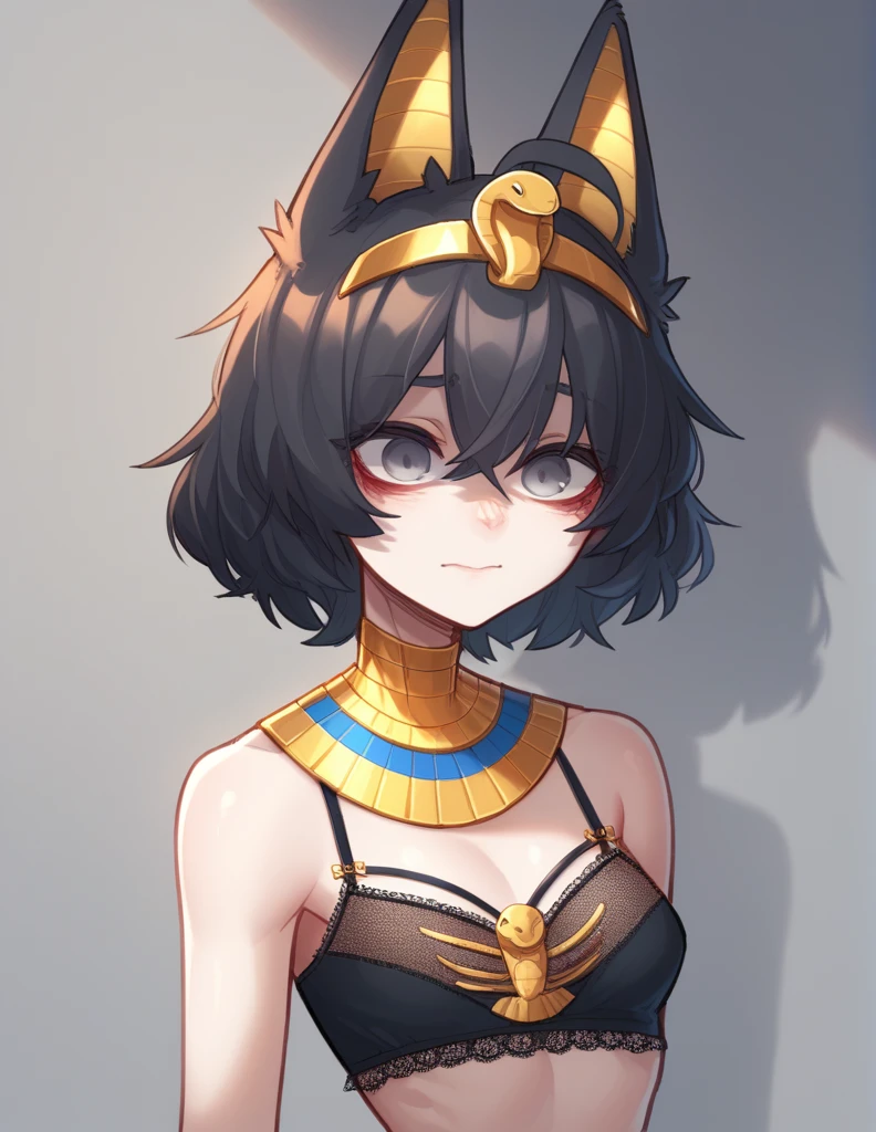 1 girl, alone, ppka, black fur, short hair, messy fur, Ahoge, parts, parts all over the body, grey eyes, empty eyes, blind, nervous, Slight smile, cute look,
lingerie, egyptian lingerie, pharaoh, human skin gold accessories, clear skin, pale skin, light pigment, White skin, human skin 