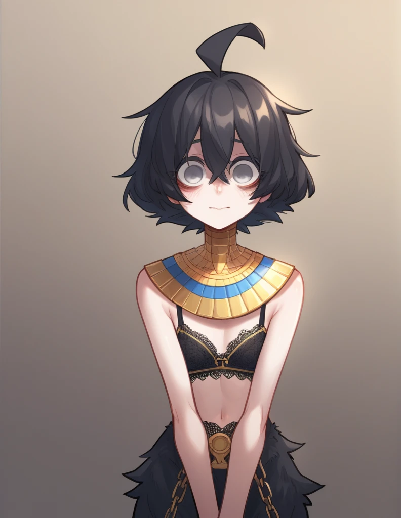 1 girl, alone, ppka, black fur, short hair, messy fur, Ahoge, parts, parts all over the body, grey eyes, empty eyes, blind, nervous, Slight smile, cute look,
lingerie, egyptian lingerie, pharaoh, human skin gold accessories, clear skin, pale skin, light pigment, White skin, human skin 