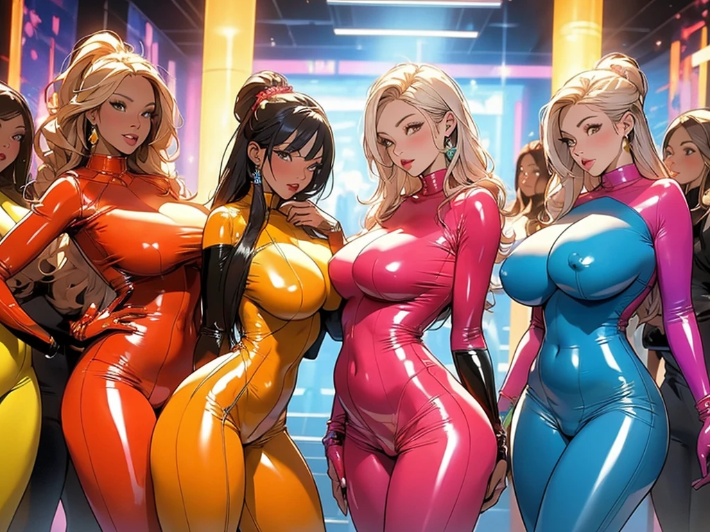 (Masterpiece, masterpiece, extremely detailed and precise).
A party of lesbian women wearing tight full body latex suits. A colorful latex suit that tightens your body. Glittering latex shine. BDSM. Plump body. Her huge breasts and huge ass are emphasized.
A deep kiss.