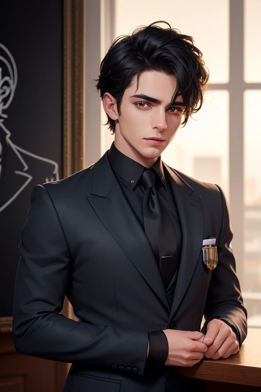 A man (solo) in a black militar uniform, Black framed glasses with round shaped lenses with black hair with Short Curl haircut, short hair on the sides and long hair on top, tall, bara, well-built.