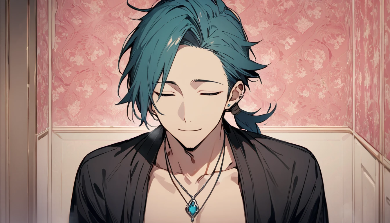 ((((best masterpiece, best quality, wallpaper,)))) solo, guy, male body, small muscles, flat chest, 1male, 30 years old, handsome man, upper body, looking at viewers, beautiful detailed, seductive smile, mediumturquoise hair, ((((Lower short ponytail)))), asymmetrical bangs, ((short hair,)) (((light smile, closed eyes, tareme, droopy eyes,))) (((perfect face,))) perfect hands, sharp nose, clear face, black turtleneck, grey cardigan, ((silver piercing, pendant,)) face-to-face:1.4, woman, very long hair, light brown hair, leggings, pink background color ultrasharp, 8K, masterpiece,