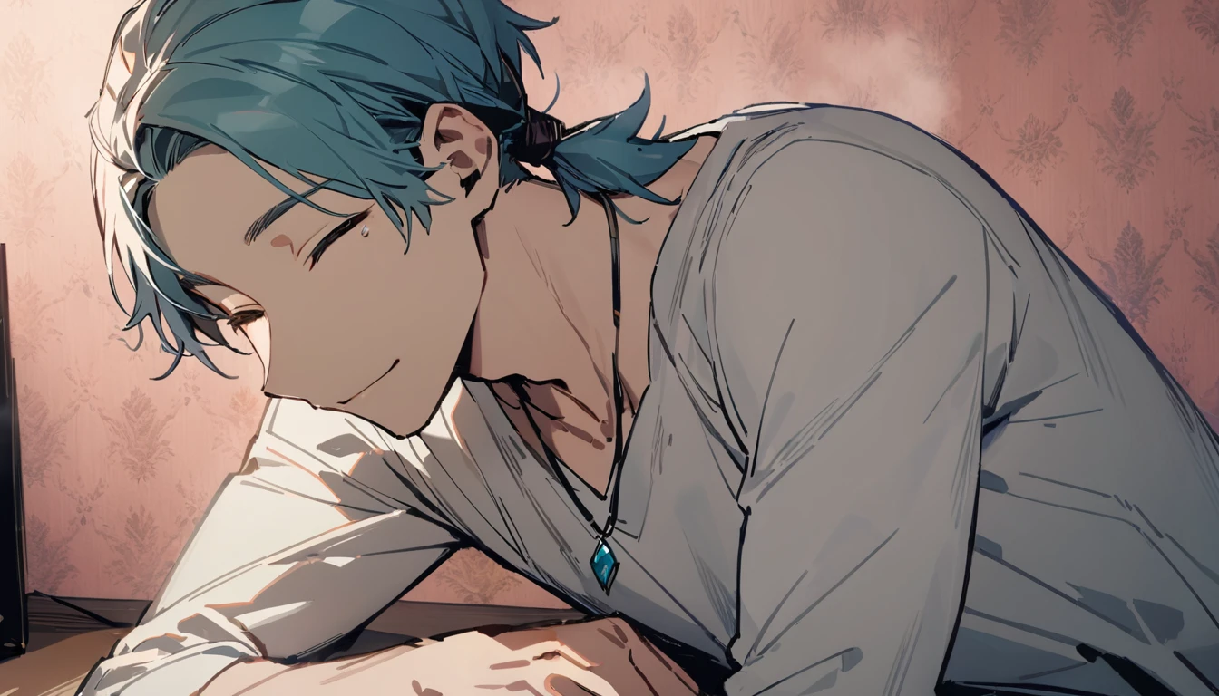 ((((best masterpiece, best quality, wallpaper,)))) solo, guy, male body, small muscles, flat chest, 1male, 30 years old, handsome man, upper body, looking at viewers, beautiful detailed, seductive smile, mediumturquoise hair, ((((Lower short ponytail)))), asymmetrical bangs, ((short hair,)) (((light smile, closed eyes, tareme, droopy eyes,))) (((perfect face,))) perfect hands, sharp nose, clear face, black turtleneck, grey cardigan, ((silver piercing, pendant,))  face-to-face:1.4, woman, very long hair, light brown hair, leggings, pink background color ultrasharp, 8K, masterpiece,