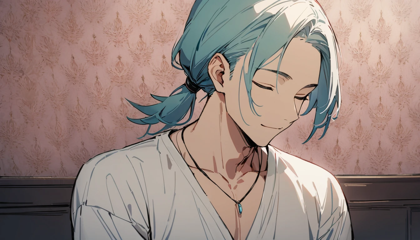 ((((best masterpiece, best quality, wallpaper,)))) solo, guy, male body, small muscles, flat chest, 1male, 30 years old, handsome man, upper body, looking at viewers, beautiful detailed, seductive smile, mediumturquoise hair, ((((Lower short ponytail)))), asymmetrical bangs, ((short hair,)) (((light smile, closed eyes, tareme, droopy eyes,))) (((perfect face,))) perfect hands, sharp nose, clear face, black turtleneck, grey cardigan, ((silver piercing, pendant,)) face-to-face:1.4, woman, very long hair, light brown hair, leggings, pink background color ultrasharp, 8K, masterpiece,