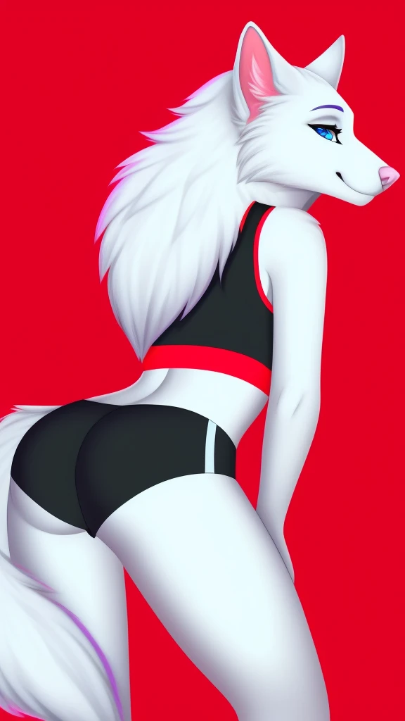 create a image of a furry wolf female anthropomorphic white fur mixed with purple and red designs on her fur blue eyes pink nose full body wearing a black crop top and black shorts profile picture