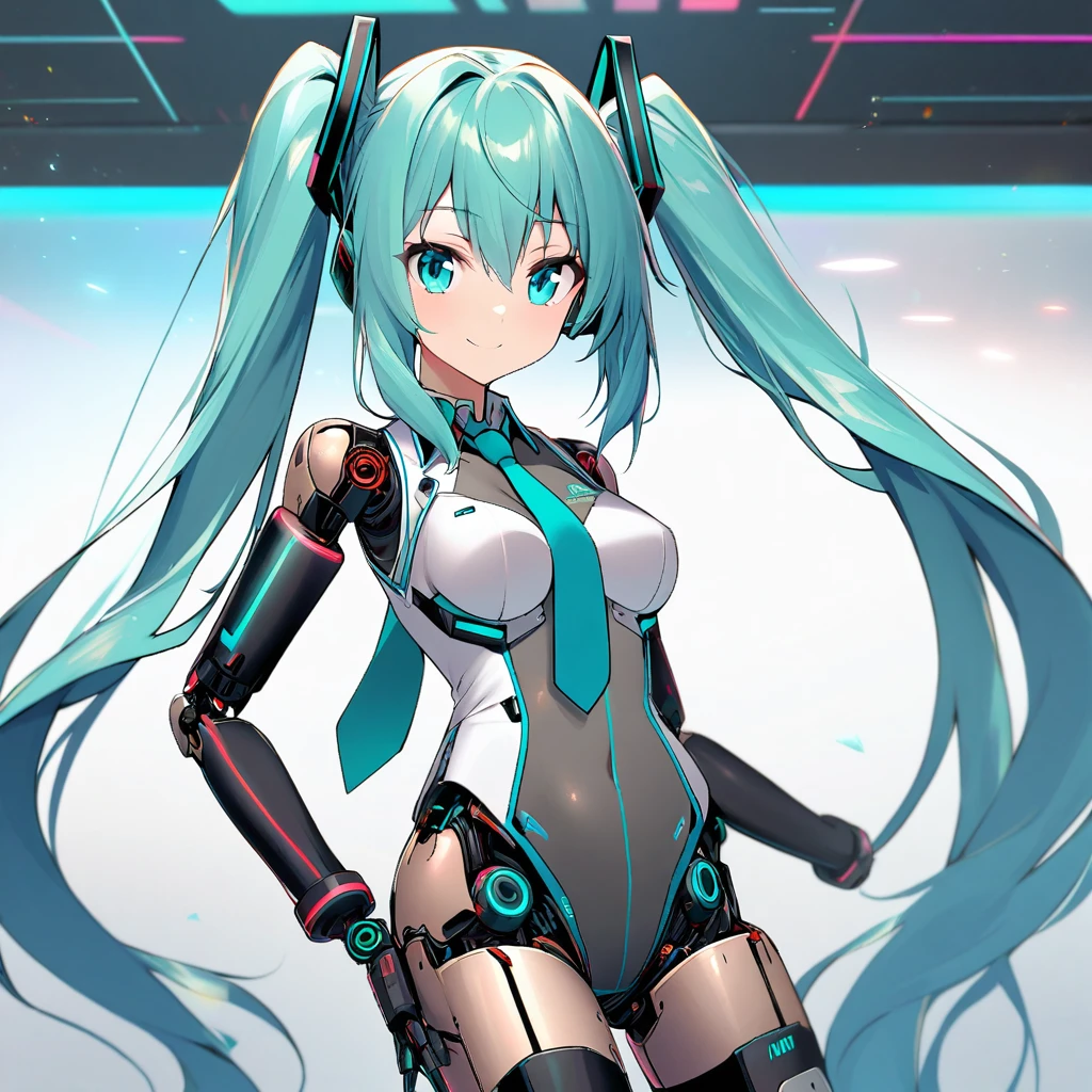 1girl, solo, long hair, breasts, looking at viewer, smile, blue eyes, twintails, very long hair, necktie, aqua eyes, leotard, see-through, aqua hair, android, joints, robot joints, hatsune miku