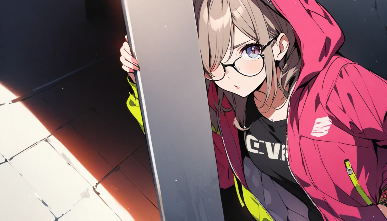 diagonal, bright、Glasses、woman、Jacket、Hiding one eye、stylish