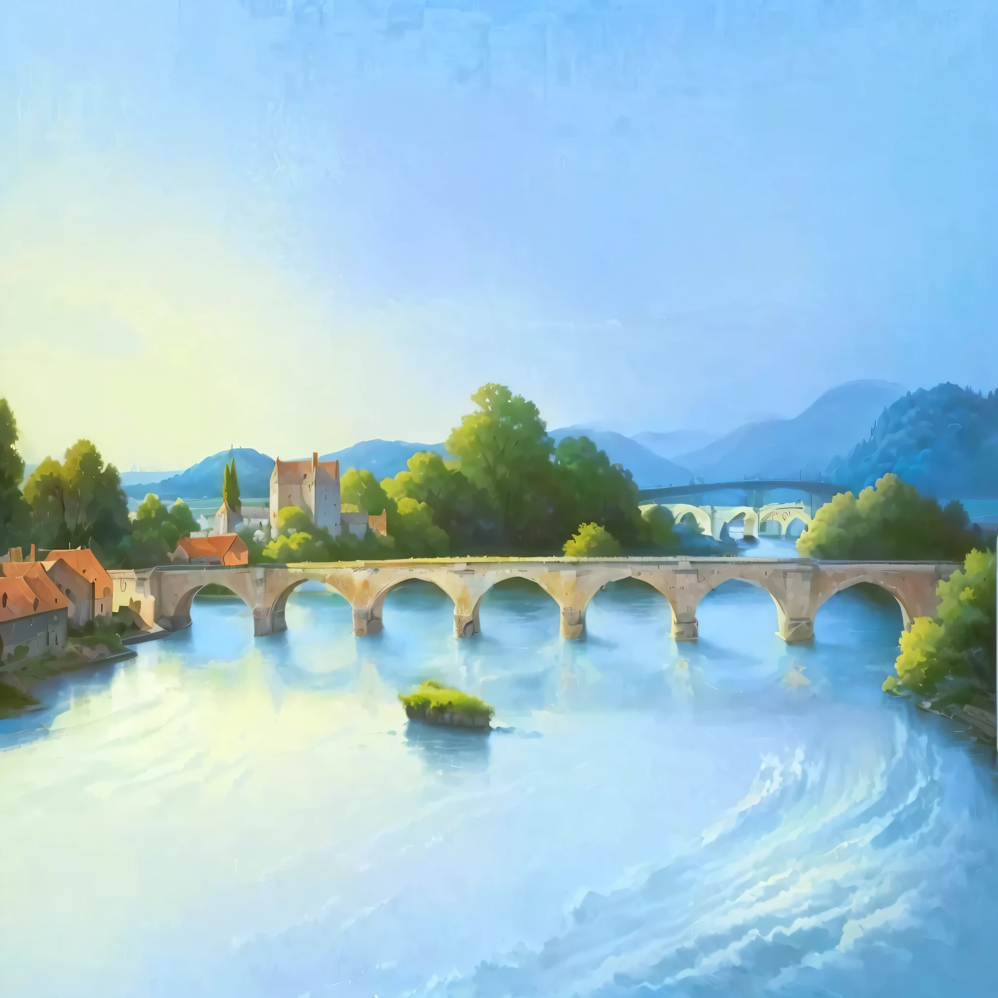 painting of a bridge over a river with a boat in the water, illustration matte painting, landscape wallpaper, scenery artwork, high quality wallpaper, medieval French landscape, anime countryside landscape, flat matte painting, beautiful wallpaper, anime landscape wallpaper, bridge over the water, amazing wallpaper, high quality desktop wallpaper, background artwork, detailed scenery —width 672