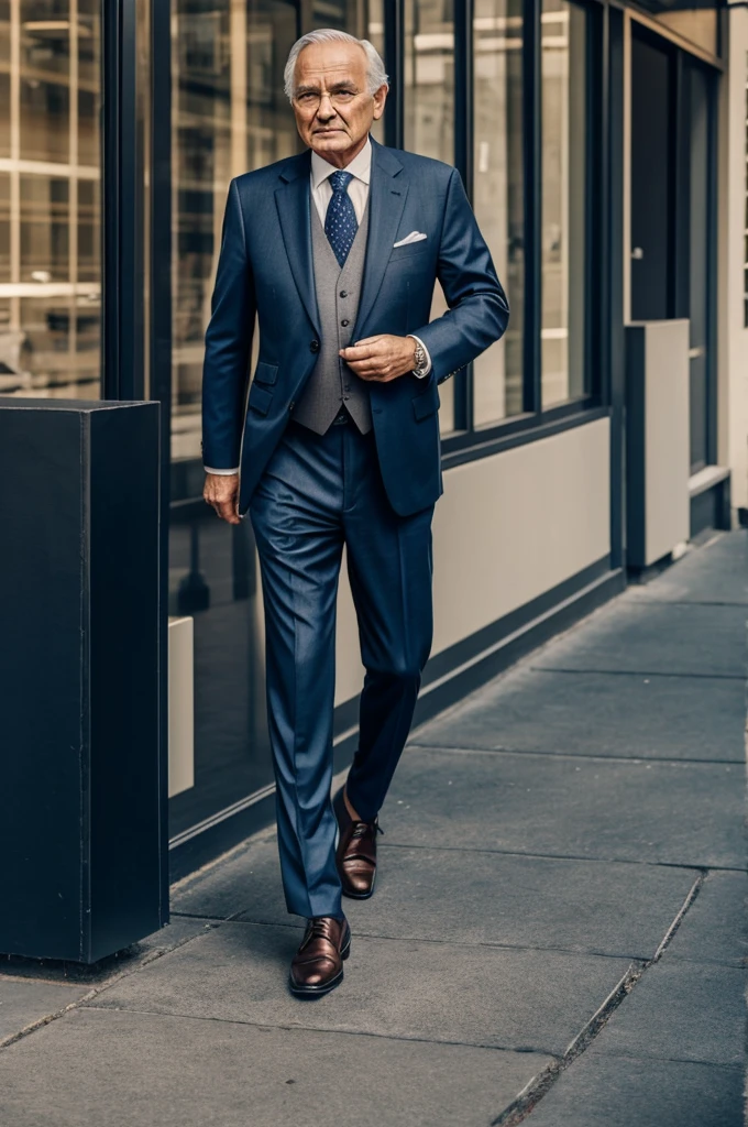 Old man in suit with moderate round belly, wearing suit and men shoes looking rich