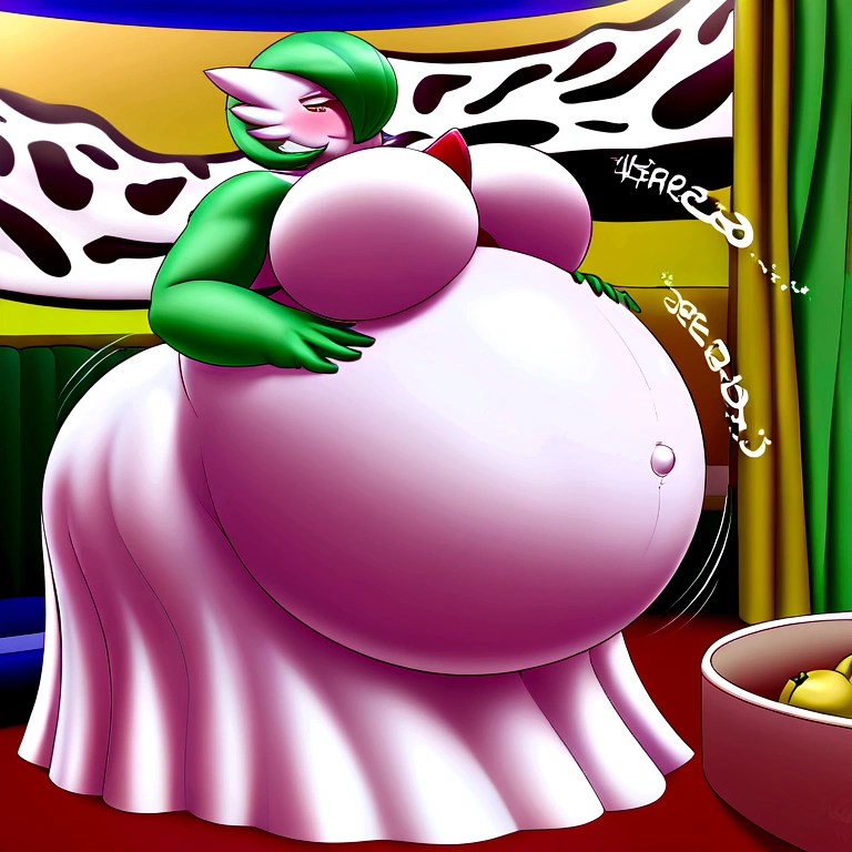 R34, e621, 2d drawing, source_anime, cell shading, absurd res, well drawn face, belly focus, navel focus, side view, solo focus, full body, front angle, best quality, both hands on top of belly, white dress, detailed background, hyper inflation, white body, green hair, looking at viewer, Gardevoir, dress going over the belly, squishy belly, skindentation, gurgling belly, movement lines, gurgling sound effects, pregnant, bloating belly, very sexy, female, easynegative, pear-shape, bottom heavy, blushing, seductive, smiling