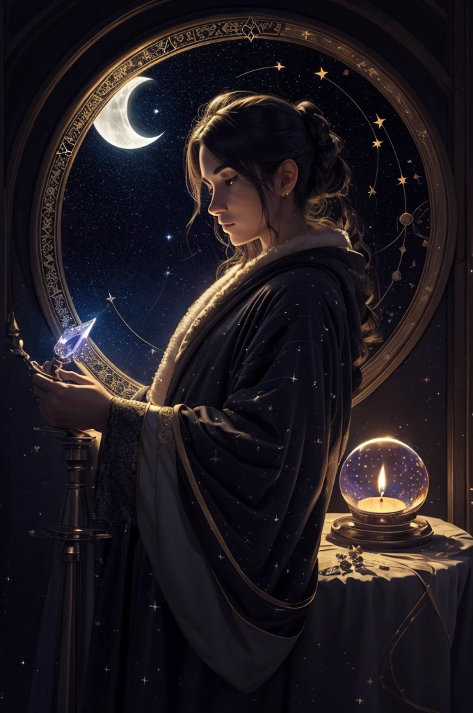 A mystical astrologer in a dark, starry room. They are surrounded by zodiac signs, holding a glowing crystal ball, wearing a long, flowing robe with celestial patterns. The astrologer has a serene expression and is bathed in moonlight