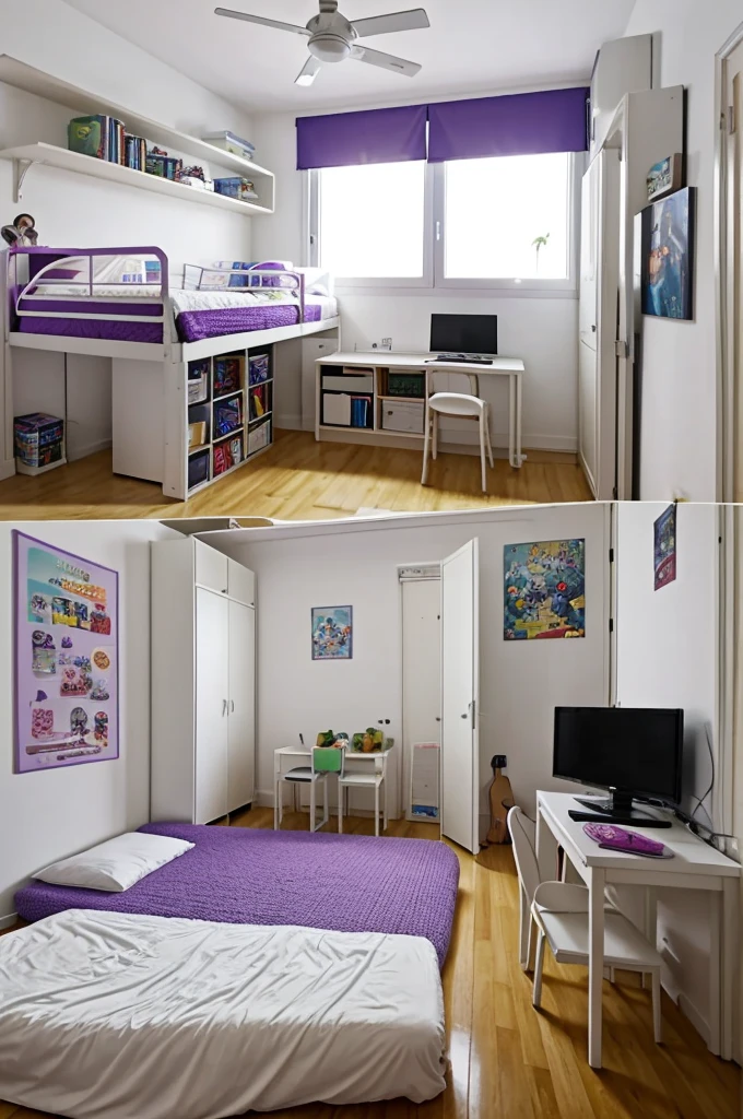 Habitación de 5 meters por 4.5 meters, with a sliding door to the terrace of the room, a double bed in a corner with a white bedspread and white pillows and a Totoro pillow, with a desk with anime decorations, a laptop and a tablet, and a small cabinet where he has books and comics and stuffed animals and candles, and a door leading to a closet, with plants in the room, K-pop bands poster, and a bright blue carpet, and two skateboards in the back of the room, one already worn and one new, an electric piano, a purple electric guitar