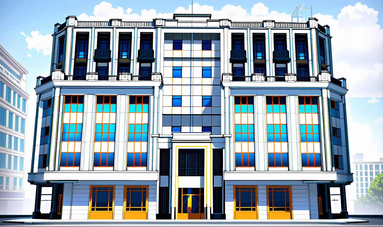 a rendering of a building with a clock on the top of it, building facing, multistory building, front elevation view, art deco office buildings, neoclassical police station, realistic building, front perspective, neo - classical style, front-view, an extremely detailed building, office building, front elevation, frontview, elevation view, realistic art deco, neoclassical style