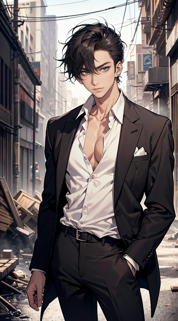 (masterpiece, best quality, highres, ultra-detailed), 1man, male focus, spiky black hair, grey eyes, handsome, detailed eyes and face, male body, earrings, ear piercing,  unbuttoned black blazer, white shirt, trousers, bare collarbones, chain necklace, city slums background, by amano akira, full body, cigarette, cigarette smoke, guy smoking,1guy, masterpiece
