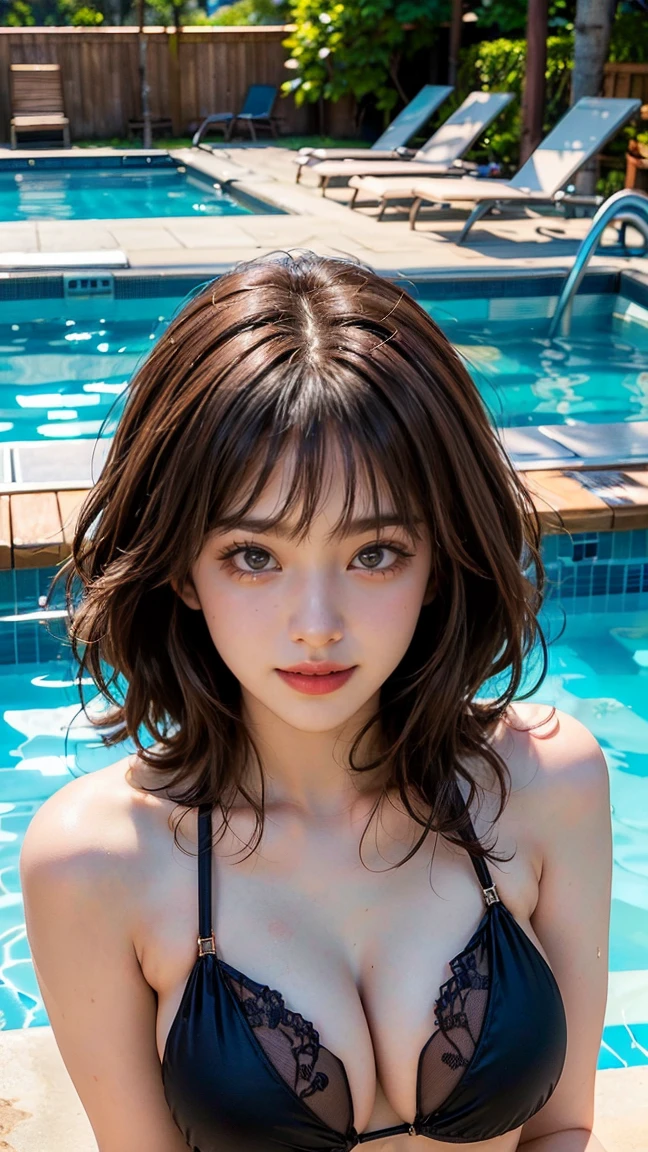 (Masterpiece, BestQuality:1.3), (ultra detailed:1.2), (hyperrealistic:1.3), (RAW photo:1.2),High detail RAW color photo, professional photograph, (Photorealistic:1.4), (realistic:1.4), ,professional lighting, (japanese), beautiful face, (realistic face), cute woman, (Brown Hair:1.5), (Big Breasts:1.3), (cheerful Smile:1.35), Trending Hair&Trending Hairカラーをランダムに, sexly, erotic sexly, (A woman in a sexy bikini、Sunbathing by the pool。The resort pool in the background、The woman has a relaxed expression and her black hair down.。:1.4), Beautiful location, (Detailed Background))