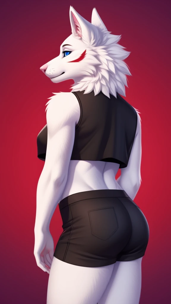 create a image of a furry wolf female anthropomorphic white fur mixed with purple and red designs on her fur blue eyes pink nose full body wearing a black crop top and black shorts profile picture