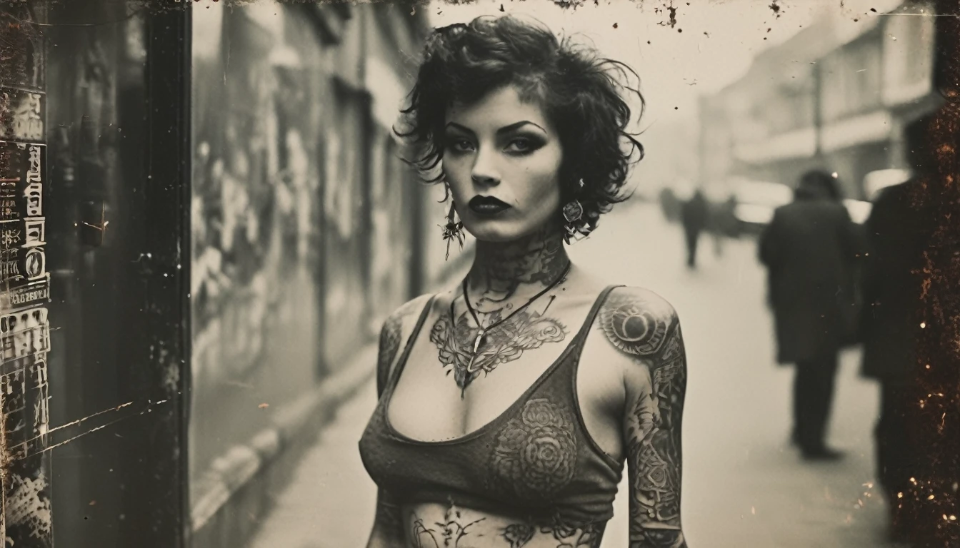 An ultra-detailed hyper-realistic photograph of a beautiful fully naked European woman with perfect big breasts in a dystopian city, cuerpo entero, Pelo largo y salvaje, brazos tatuados, pose de moda, dynamic pose, Beautiful detailed symmetrical green eyes, Cara hermosa detallada, apocalyptic ambience, Detalle exquisito, 30-megapixels, 4k, Canon EOS 5D Mark IV DSLR, muelle 85 mm, foco nítido, intrincadamente detallado, long exposure time, f/8, ISO 100, shutter speed 1/125, diffuse-back-lighting, rewarded photography, front facing camera, staring at the camera, monovisiones, Contraste perfecto, alta nitidez, facial-symmetry, profundidad de campo, Ultra-detailed photography, Trazado de rayos, global ilumination, Suave, ultra-high def, 8k, Motor Unreal 5, Ultra Sharp Focus, rewarded photography, tendencias en Artstation