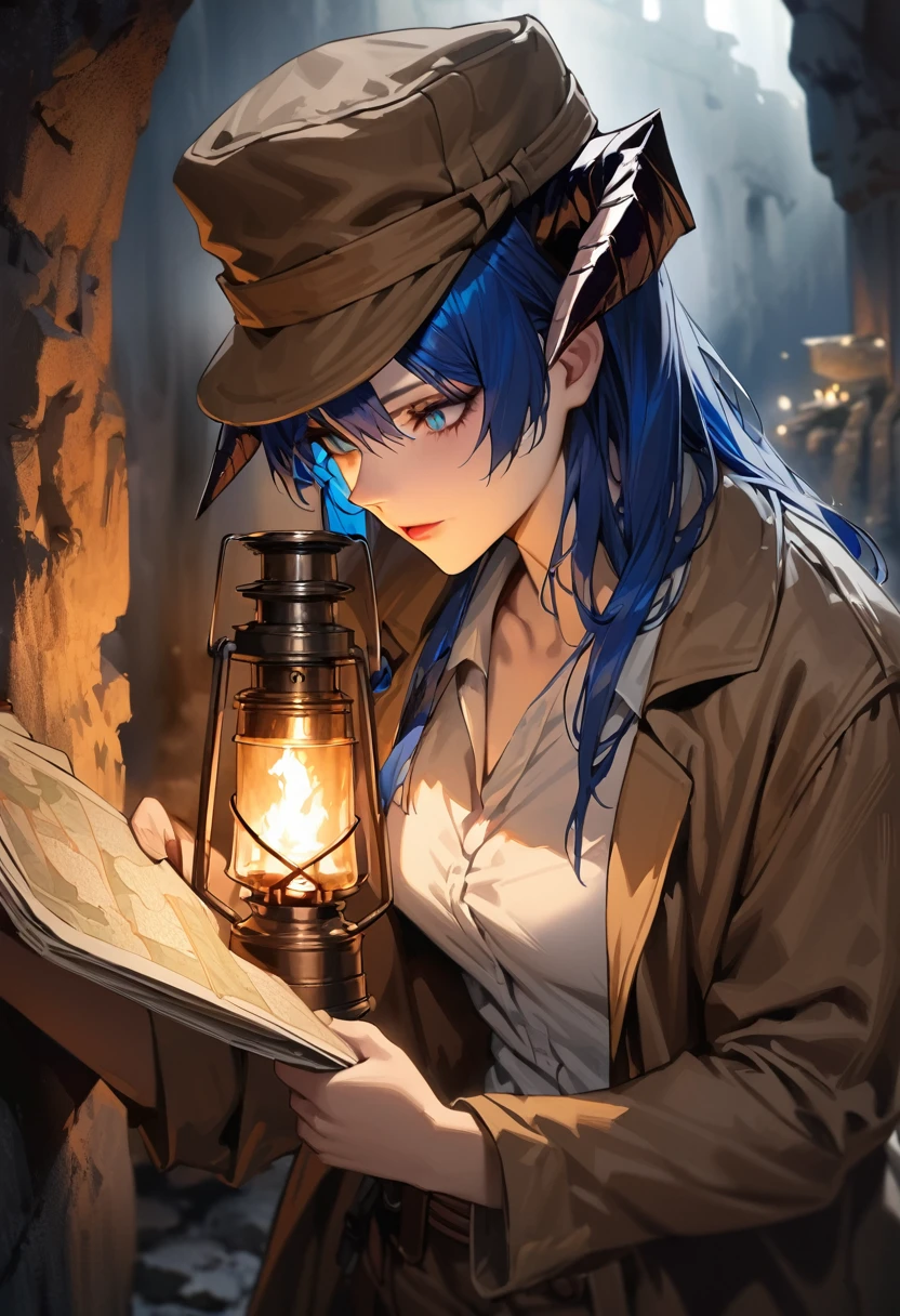 ((adult)), (woman), ((tall)), ((Mostima from arknights)) , masterpiece, best quality, ((Bluer hair long)), horns, plain white shirt, brown coat, holding a map and a torch, indiana jones outfit, hat, realistic anime style, inside of a dark catacomb, portrait.