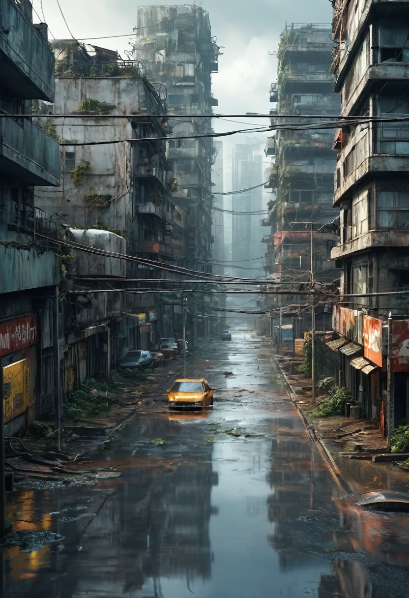 Image of the center of a modern ultra futuristic abandoned city with rusty and dirty abandoned crashed rusty cars standing among the dirty modern round and circular gray buildings in ruins, cyberpunk style, rain and puddles of water on the ground, Science fiction, top view from a height of 30 meters, apocalipse nuclear, urban scenery with poles with traffic lights and wires of fallen poles,  there is a rusty chain link fence around the buildings, There are billboards that have been erased and fallen from buildings, many buildings on the horizon as realistic as possible, high qualiy, 4K, hyper detailled