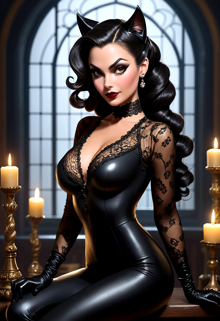 Full body shot Valentina Victoria catwoman, ringlets wavy five feet long black hair, updo hairstyle with ponytail on one side and long hairpins holding the bun long braid, strong thighs, dark red glossy lips, heavy black eye shadow long black eyeliner, long sharp claws, black lace beautiful and creative catwoman bodysuit with no jewels, huge cleavage, clear ears no earrings, no earrings, no earrings, no earrings, no jewels, beautiful forehead lace ornament, posing in a feminine catwoman den, happy expression, dark ambience night time candle lights. No faces on her chest!
