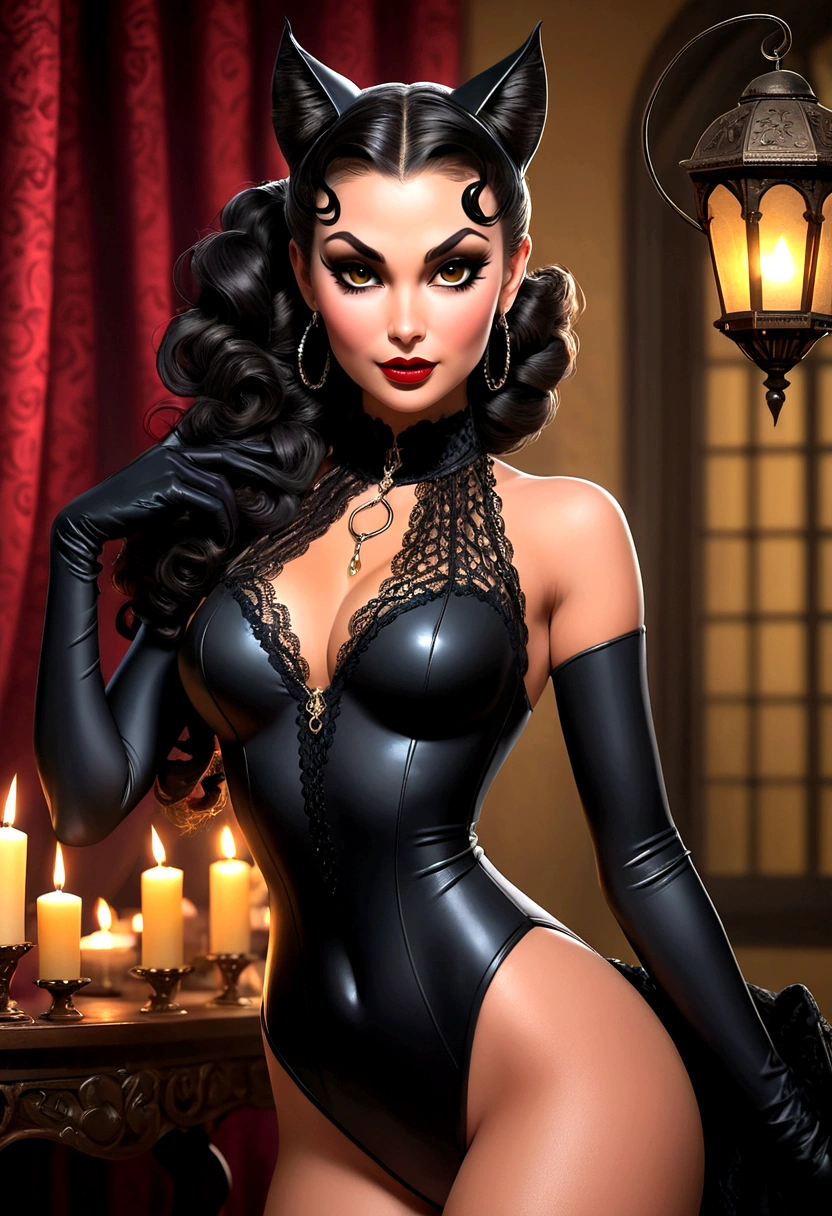 Full body shot Valentina Victoria catwoman, ringlets wavy five feet long black hair, updo hairstyle with ponytail on one side and long hairpins holding the bun long braid, strong thighs, dark red glossy lips, heavy black eye shadow long black eyeliner, long sharp claws, black lace beautiful and creative catwoman bodysuit with no jewels, huge cleavage, clear ears no earrings, no earrings, no earrings, no earrings, no jewels, beautiful forehead lace ornament, posing in a feminine catwoman den, happy expression, dark ambience night time candle lights. No faces on her chest!