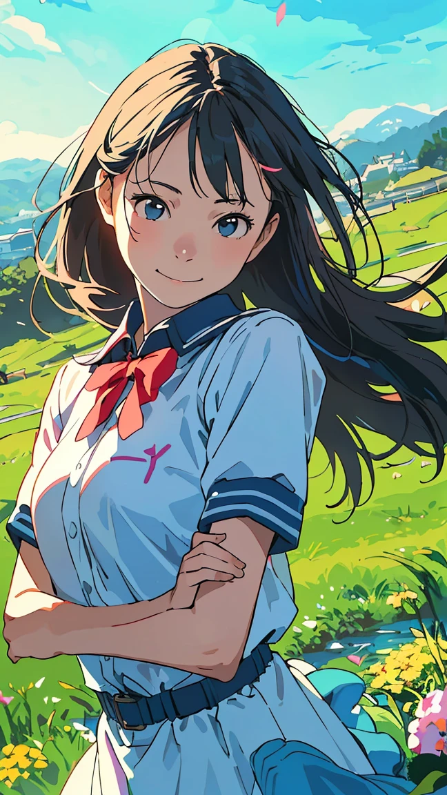 Streamlined Design, Clear lines, High Sharpness, (Highest quality,4K,Perfect sharpness,Ultra-fine,High resolution,masterpiece:1.2), Perfect Anatomy:1.5, Official Art, Illustrations that tell a story, (Whitish background:0. 9)、Body Positivity、多Mr..Physical expression、(Random and energetic poses)、Perfect beauty、Perfect beautiful face、Strong winds、Rich expressiveness、Dynamic configuration、smile、Golden ratio composition、colorful、((Mr..々Different angles and perspectives))、Anime Art、(Mini Dress)、(Overcoming stereotypes)、 Glowing Skin、(Natural Beauty)、smile、bangs、(Soft and flowing hair)、(countryside)、(Nostalgic atmosphere)、Raise it to your feet、(Playful and easygoing)、(多Mr..Ethnic characters)、(innocent attitude)、(Sunny atmosphere)、(The skirt flutters violently in the wind)、(Bright colors)、Beautiful Eyes、(Embarrassing)、Braided hair、Summer landscape、Smiling among the flowers、((High school girl in uniform))