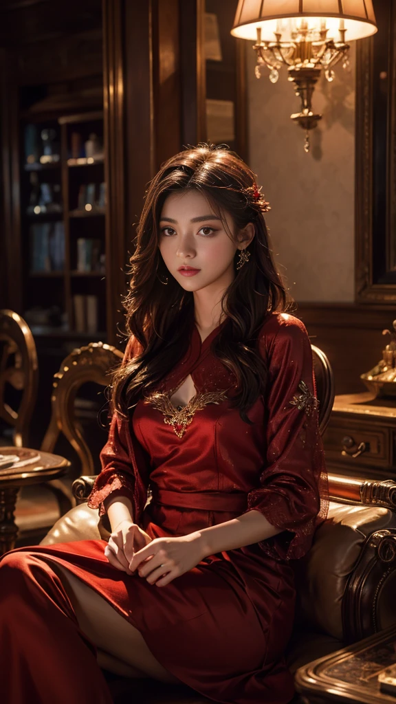 Full figure, seven -clinging shooting, 18 years old, wearing firefly clothes, exquisite faces, details, hands, ultimate details, amazing magnificence, Pedaipan style, fiber hair, glowing red iris, glowing red iris, sitting,