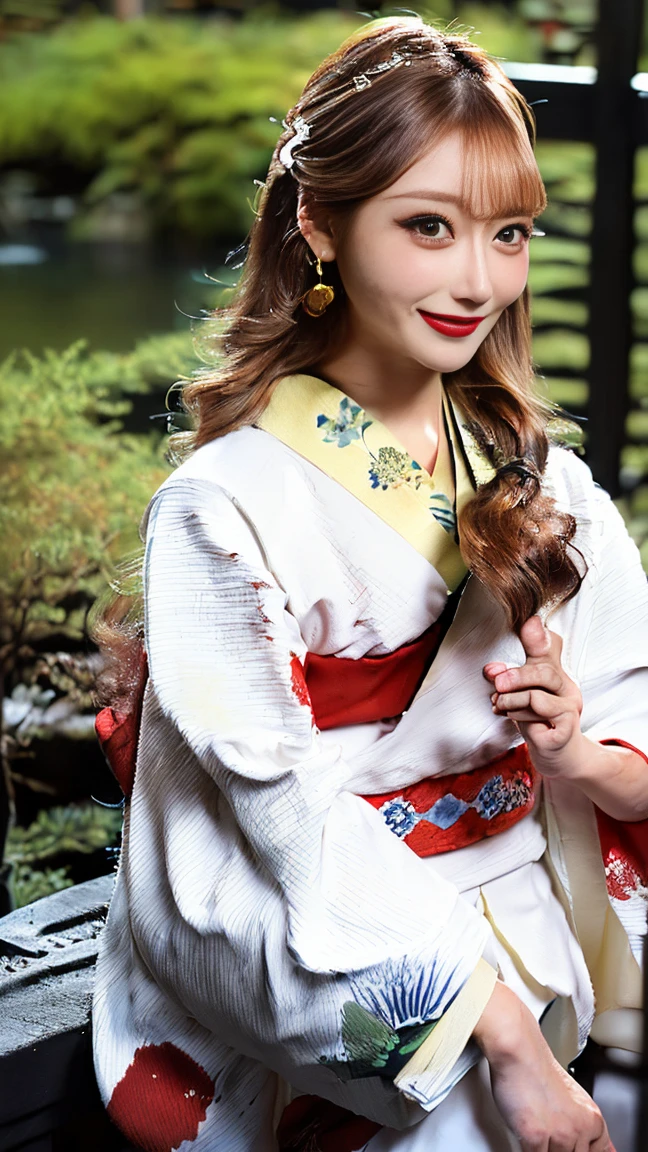 (((Regular dressing:1.5))),(Surreal), (High resolution), (8K), (Very detailed), (Best illustrations), (Beautifully detailed and sparkling eyes), (Highest quality), (Very detailedな), (masterpiece), (wallpaper), (Detailed face), (Beautiful smile)、(Beautiful expression)、(((((1 female:1.2)))))、Looking into the camera、((Glamorous Body))、(((Japanese、reality、Sexy Gestures、Kenrokuen Garden、Japanese garden、Beautiful kimono with a white base、National treasure-class kimono,Thick kimono:1.5)))