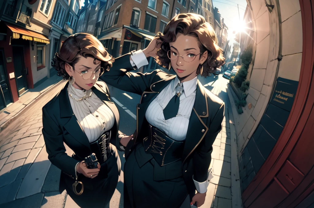 masterpiece,Highest quality,(1 person:1.3), Age 25,short hair,Colored hints,Curly Hair,Tinted Glasses,Earrings,gun,tie,topless,corset,Mafia Style,handcuffs,Wrap coat,street,From above,(Dutch Angle, Fisheye Lens),Lens flare,Depth of written boundary 