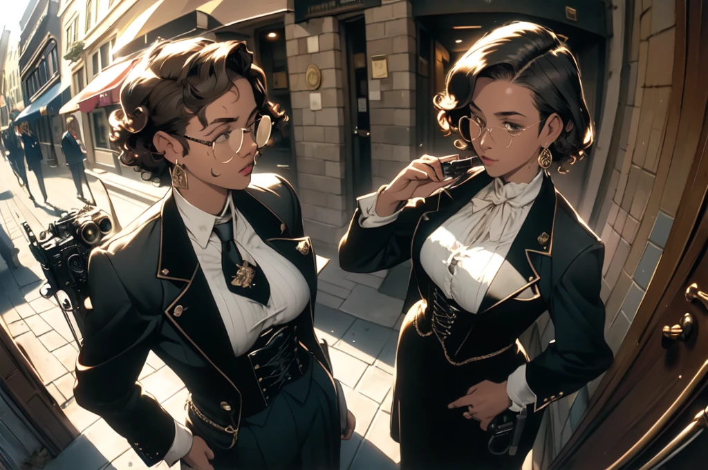 masterpiece,Highest quality,(1 person:1.3), Age 25,short hair,Colored hints,Curly Hair,Tinted Glasses,Earrings,gun,tie,topless,corset,Mafia Style,handcuffs,Wrap coat,street,From above,(Dutch Angle, Fisheye Lens),Lens flare,Depth of written boundary